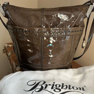 Brighton Glossy Brown Patent Leather Bucket Shoulder Bag